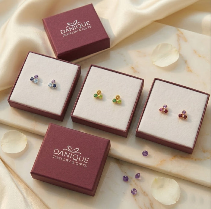 Gift ready personalized birthstone stud earrings in Danique Jewelry boxes, perfect for mom, grandma, birthdays, or Mother’s Day.