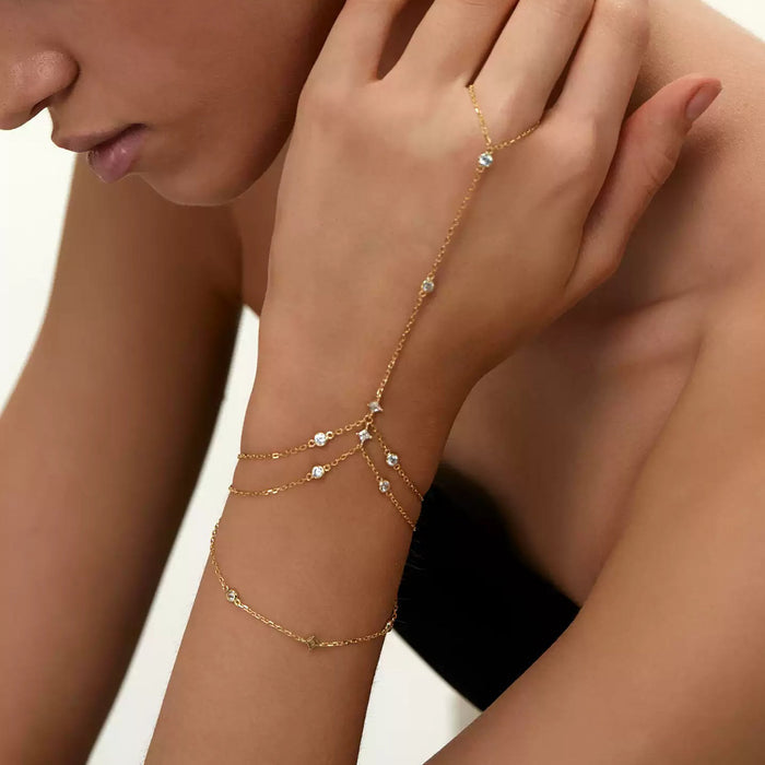 Trude 18K Gold Layered Round Square Linked Finger Bracelet