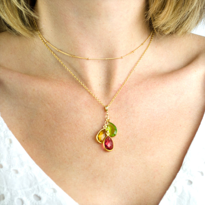 Cascade Necklace With Three Stones Peridot Citrine Ruby Quartz 14k Gold-Filled Cable Chain
