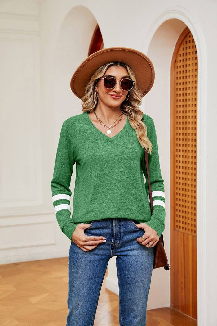 V-Neck Long Sleeved Contrast Color Loose Top