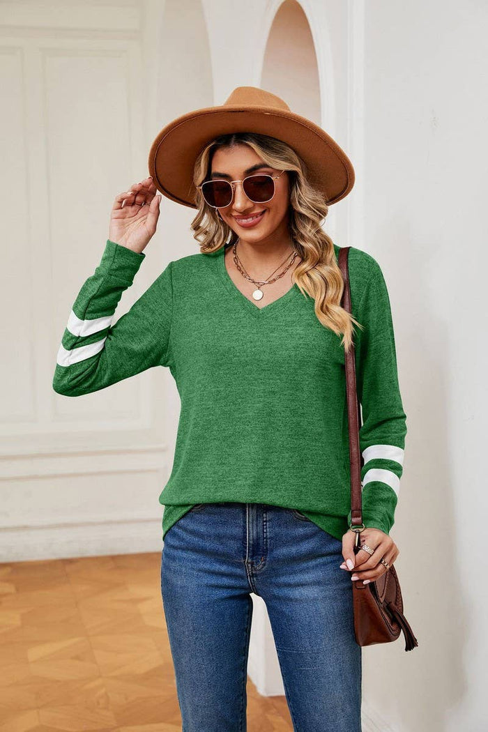 V-Neck Long Sleeved Contrast Color Loose Top