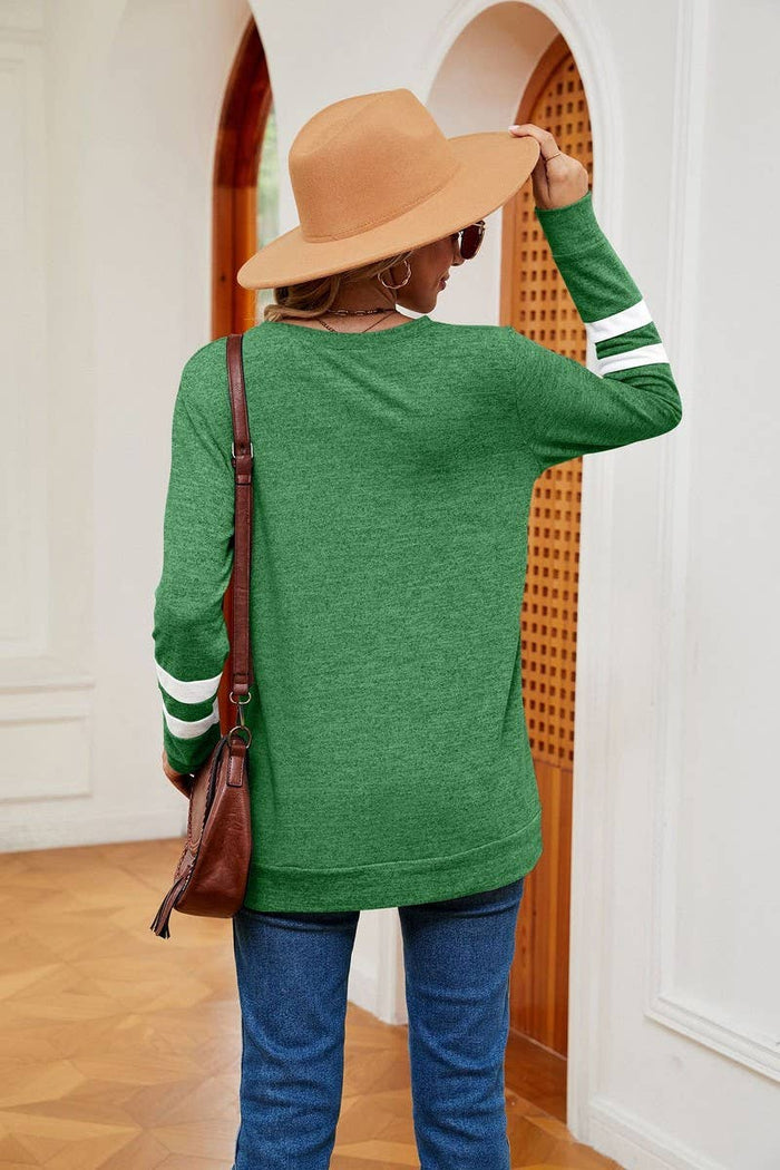 V-Neck Long Sleeved Contrast Color Loose Top