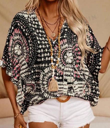 V-neck printed resort-style bat sleeved top