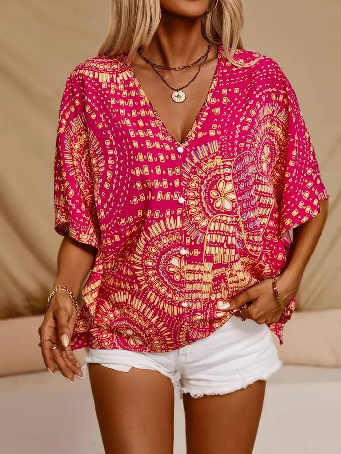 V-neck printed resort-style bat sleeved top