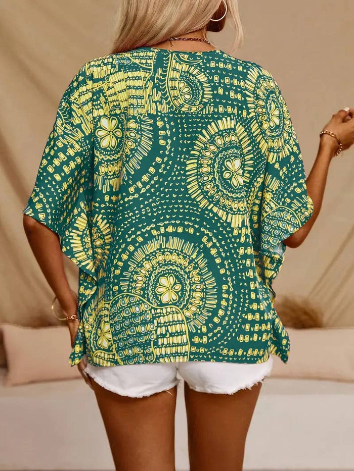 V-neck printed resort-style bat sleeved top