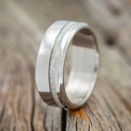 "VERTIGO" - FIRE & ICE OPAL WEDDING BAND - TITANIUM - SIZE 8 1/4-Staghead Designs