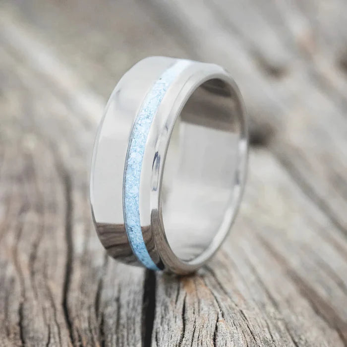"VERTIGO" - TURQUOISE INLAY WEDDING BAND - TITANIUM - SIZE 8 1/2-1