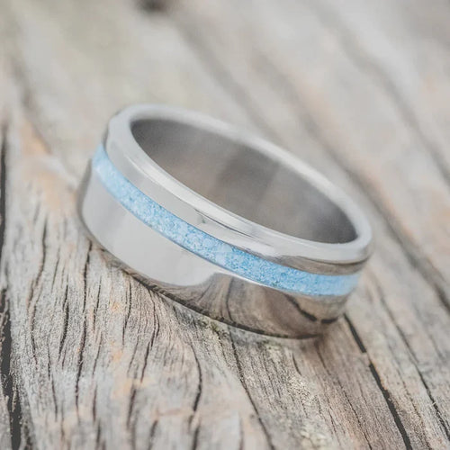 "VERTIGO" - TURQUOISE INLAY WEDDING BAND - TITANIUM - SIZE 8 1/2-2