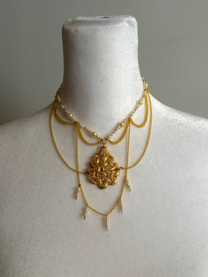 Vintage 1960s Ornate Gold Pendant Decorated with Faux Pearls and Gold Chain Detailing