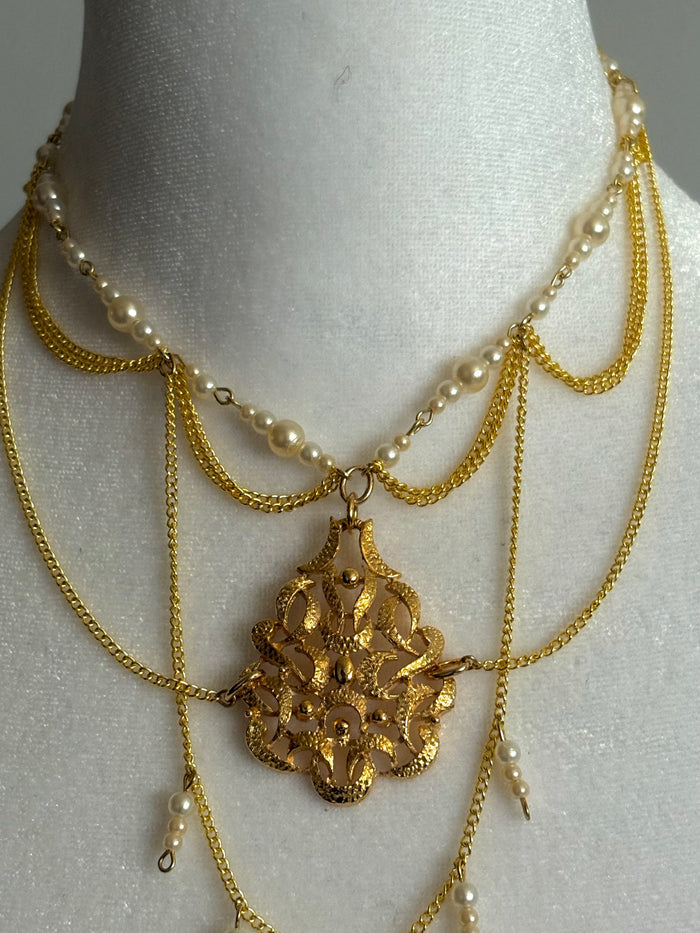 Vintage 1960s Ornate Gold Pendant Decorated with Faux Pearls and Gold Chain Detailing