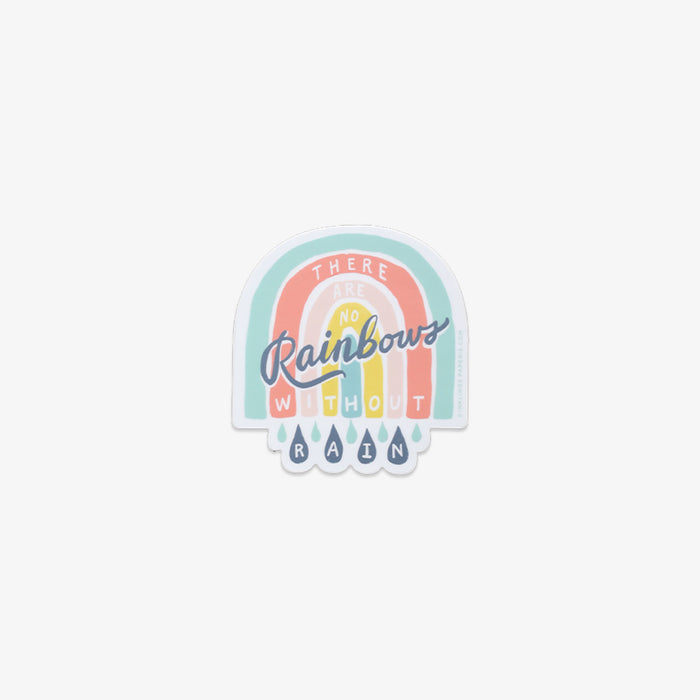 Vinyl sticker with rainbow design and text 'There are rainbows without rain' on a light gray background