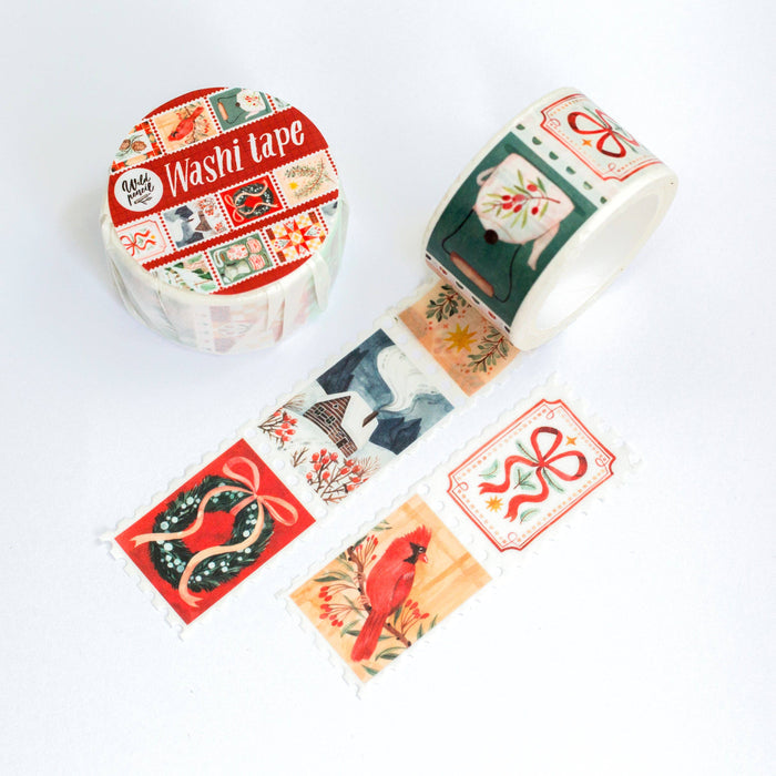 Decorative washi tape with christmas,  animal and nature-themed designs on a white background