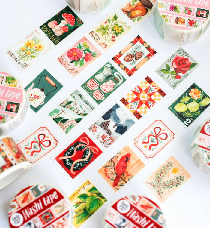 Collection of decorative christmas tape designs on a white surface