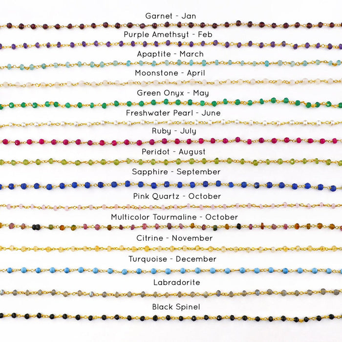 Available gemstones include garnet, purple amethyst, apaptite, moonstone, green onyx, freshwater pearl, ruby, peridot, sapphire, pink quartz, multicolor tourmaline, citrine, turquoise, labradorite, and black spinel