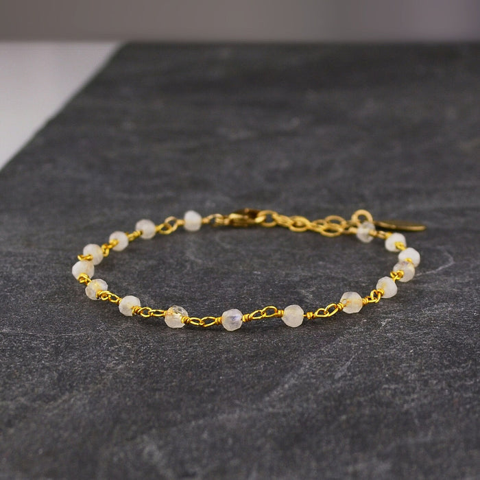 Detailed view of the gold filled wire wrapped moonstone anklet.
