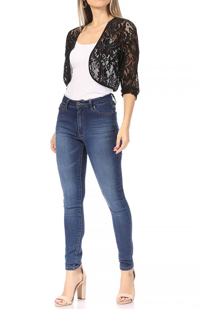 Women's Casual Lace Bolero Crochet Cardigan (Black)