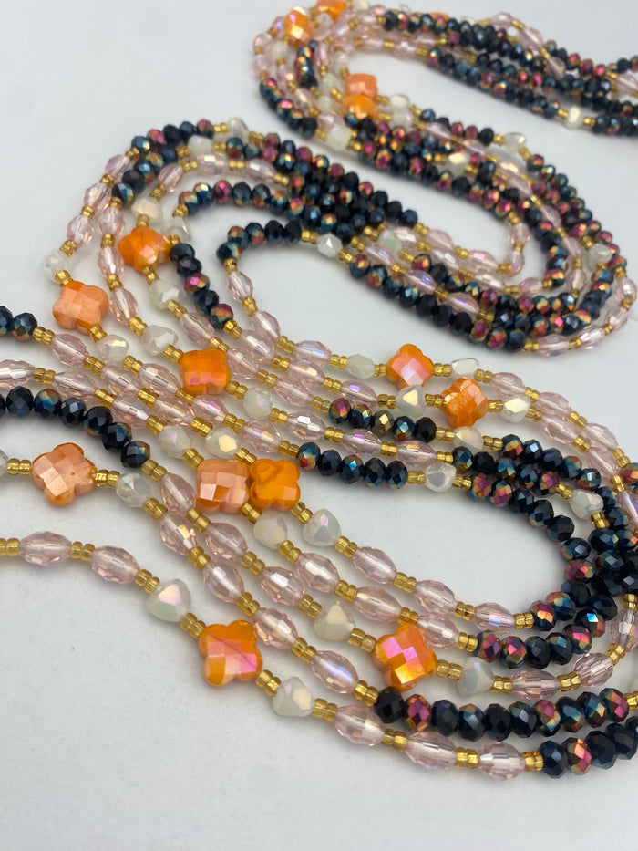Zahara Luxury Crystal Waist Beads | Tie-On | 45”-50” | Radiant Black, Blush & Floral Accents