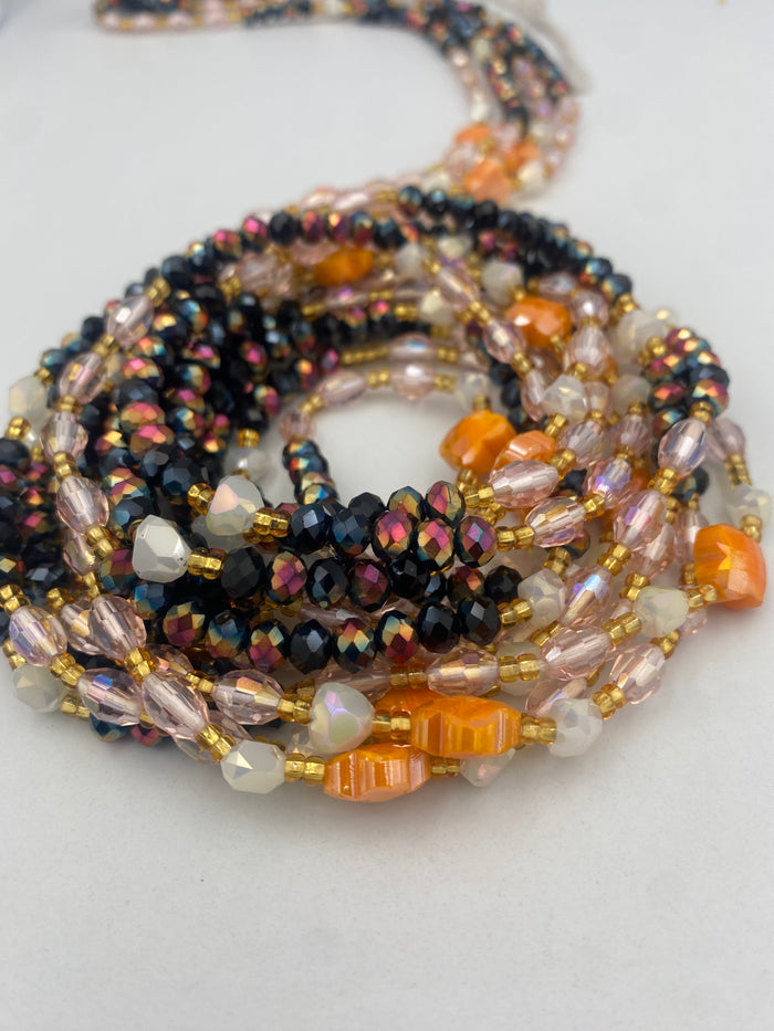 Zahara Luxury Crystal Waist Beads | Tie-On | 45”-50” | Radiant Black, Blush & Floral Accents