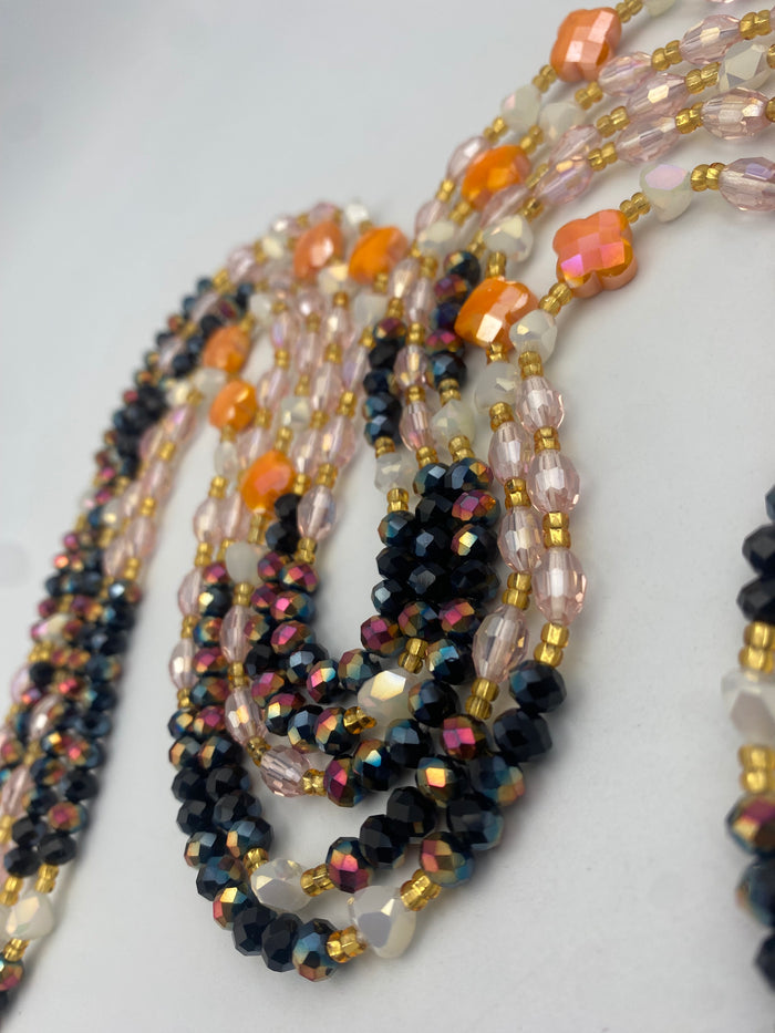 Zahara Luxury Crystal Waist Beads | Tie-On | 45”-50” | Radiant Black, Blush & Floral Accents