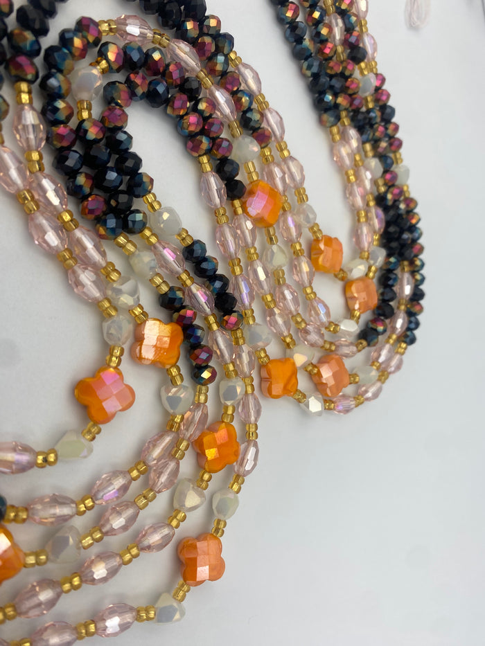 Zahara Luxury Crystal Waist Beads | Tie-On | 45”-50” | Radiant Black, Blush & Floral Accents