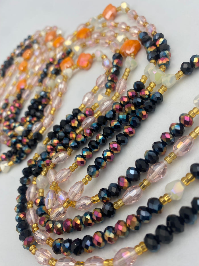 Zahara Luxury Crystal Waist Beads | Tie-On | 45”-50” | Radiant Black, Blush & Floral Accents