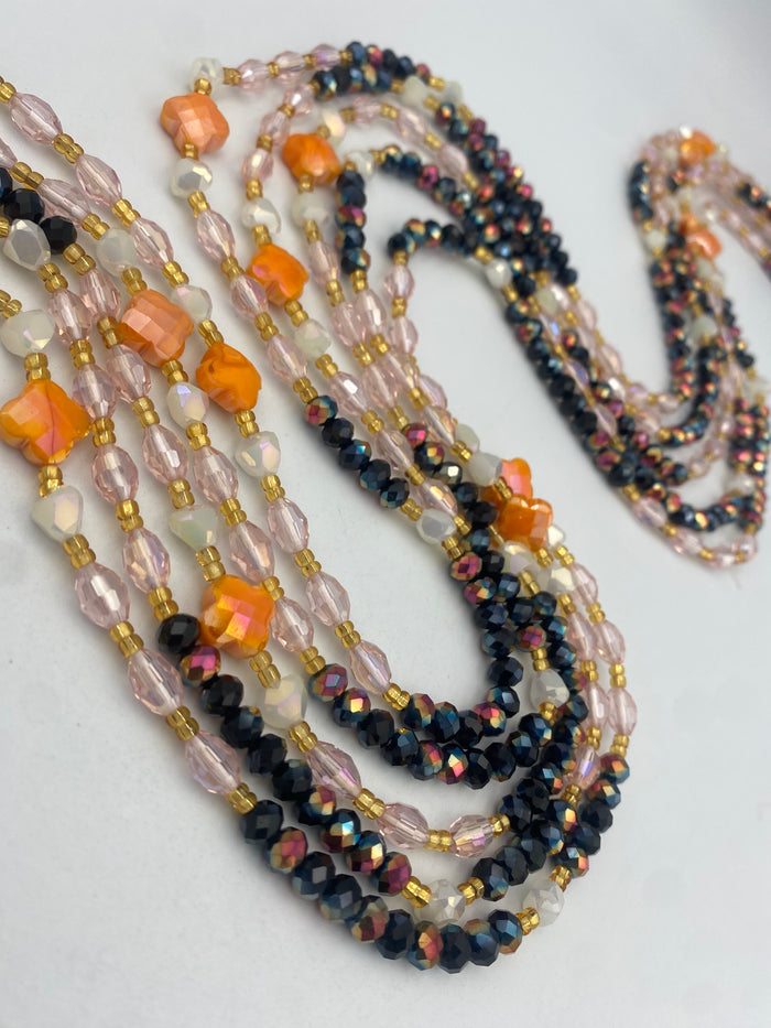 Zahara Luxury Crystal Waist Beads | Tie-On | 45”-50” | Radiant Black, Blush & Floral Accents