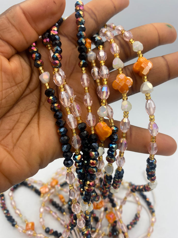 Zahara Luxury Crystal Waist Beads | Tie-On | 45”-50” | Radiant Black, Blush & Floral Accents