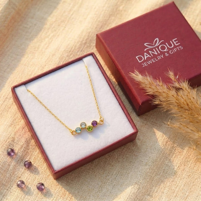 Personalized birthstone necklace displayed in a Danique Jewelry gift box, ready for Mother’s Day, birthday, or holiday gifting.